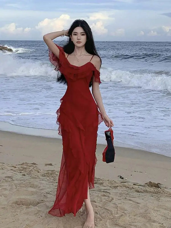 Elegant Ruffles Short Sleeve Slip Dress for Vacation & Parties